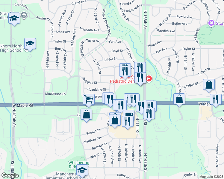map of restaurants, bars, coffee shops, grocery stores, and more near 3746 North 171st Street in Omaha