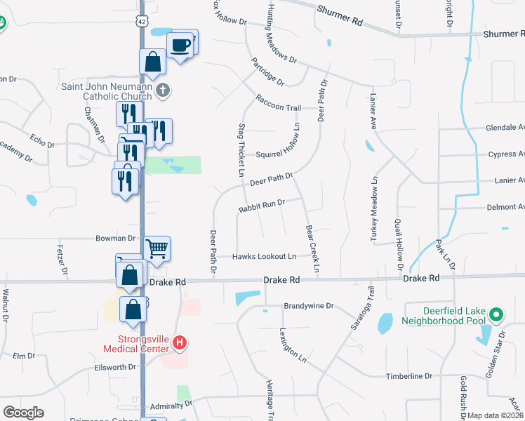 map of restaurants, bars, coffee shops, grocery stores, and more near 17150 Rabbit Run Drive in Strongsville