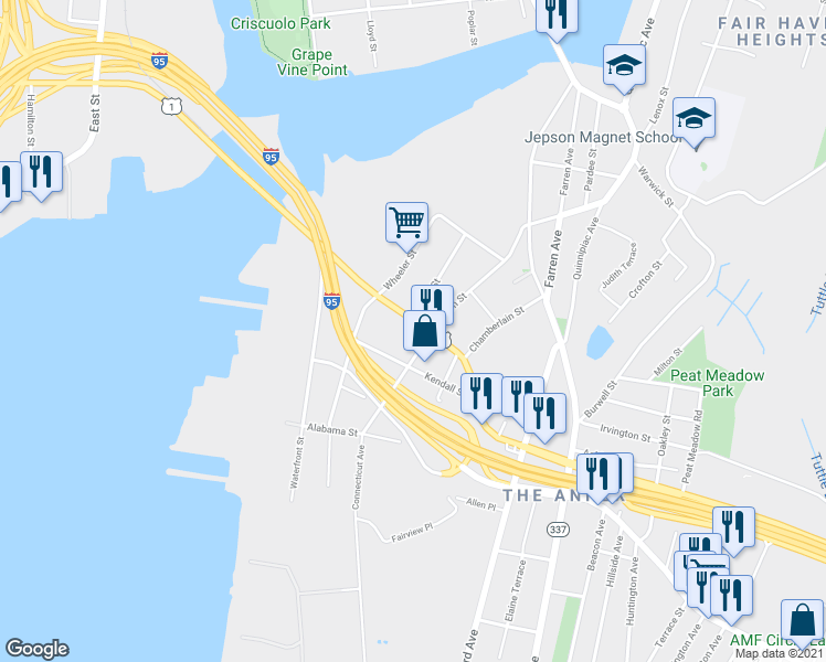 map of restaurants, bars, coffee shops, grocery stores, and more near 231 Forbes Avenue in New Haven