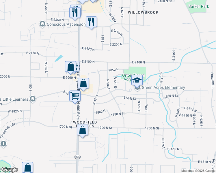 map of restaurants, bars, coffee shops, grocery stores, and more near 1950 500 East Street in North Ogden