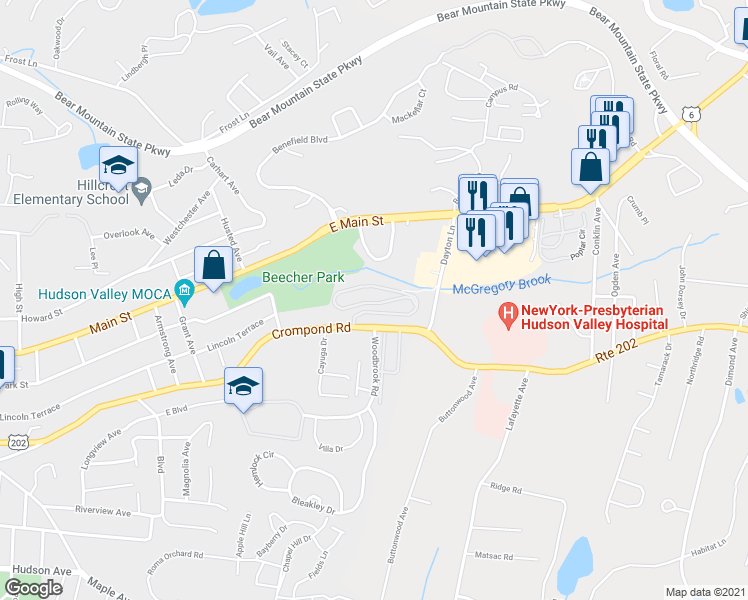 map of restaurants, bars, coffee shops, grocery stores, and more near 1840 Crompond Road in Peekskill