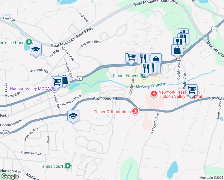 map of restaurants, bars, coffee shops, grocery stores, and more near 1840 Crompond Road in Peekskill