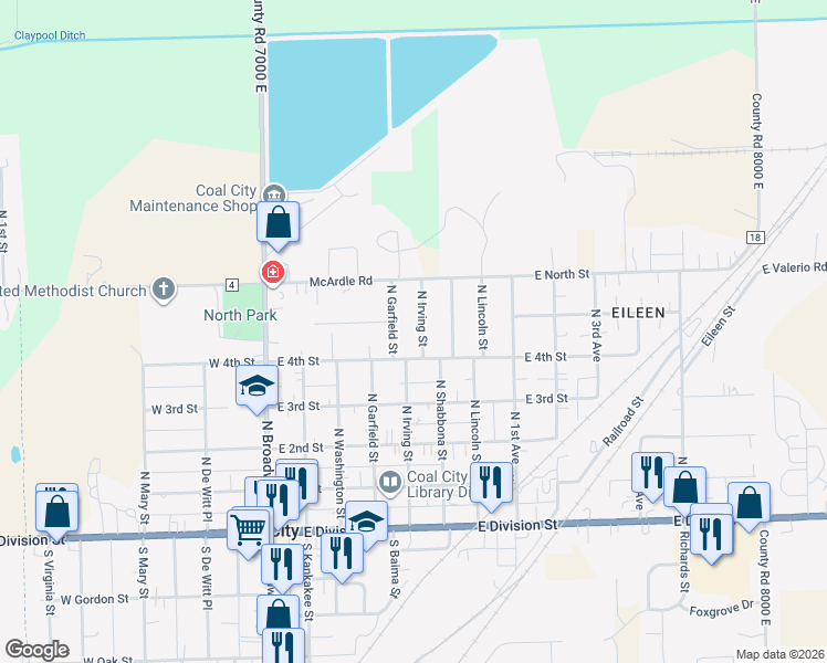 map of restaurants, bars, coffee shops, grocery stores, and more near 440 North Irving Street in Coal City