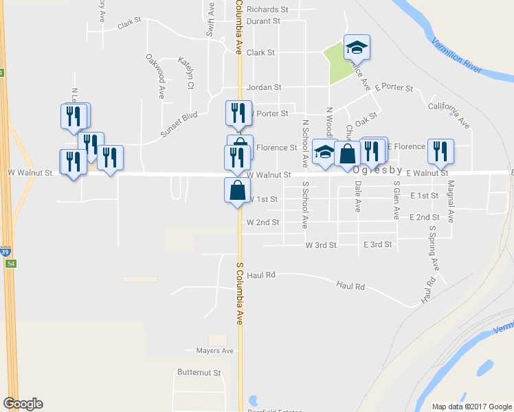 map of restaurants, bars, coffee shops, grocery stores, and more near 435 West 1st Street in Oglesby
