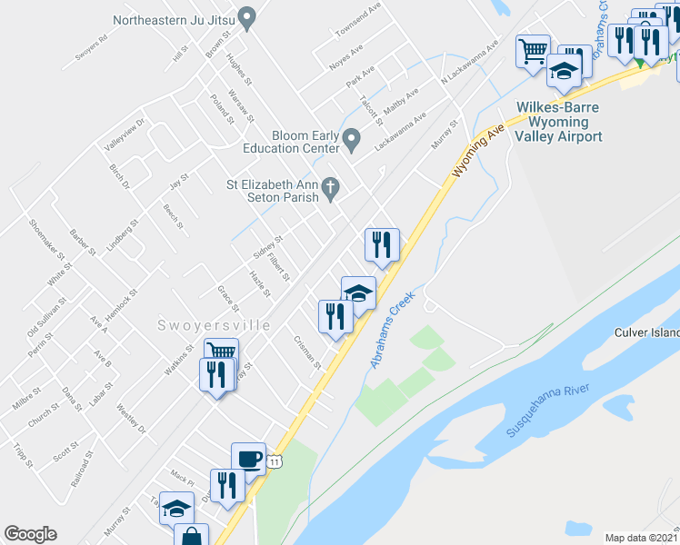 map of restaurants, bars, coffee shops, grocery stores, and more near 60 Arlington Road in Forty Fort