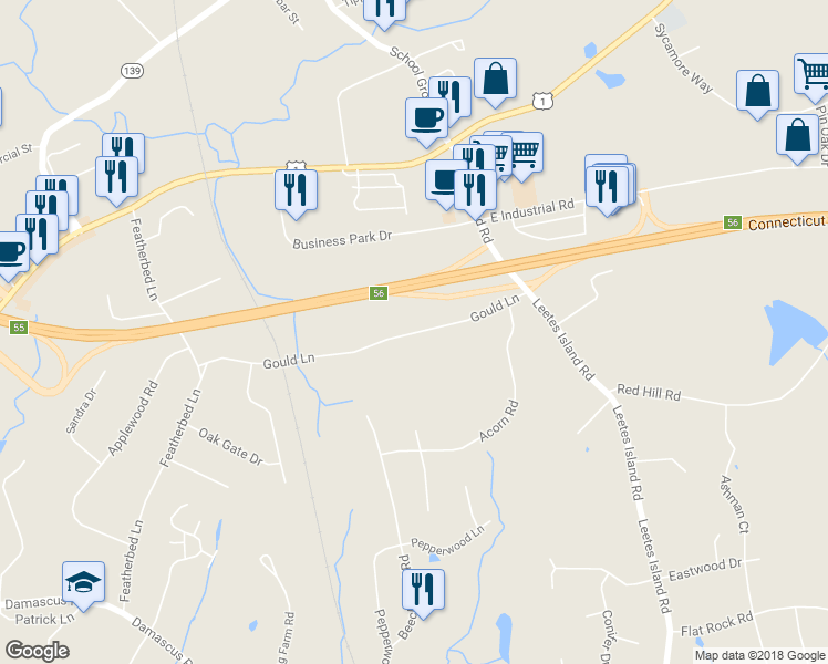 map of restaurants, bars, coffee shops, grocery stores, and more near 50 Gould Lane in Branford