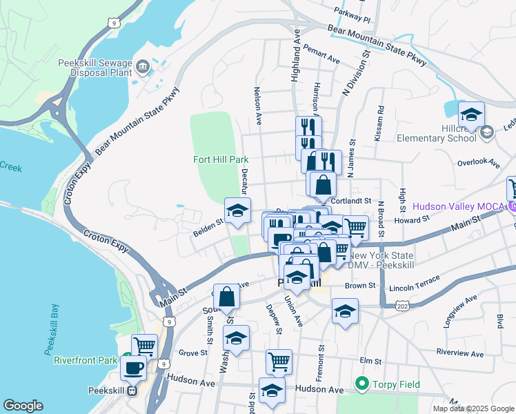 map of restaurants, bars, coffee shops, grocery stores, and more near 864 Paulding Street in Peekskill