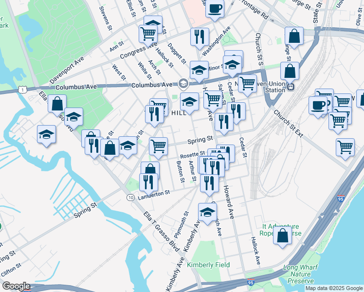 map of restaurants, bars, coffee shops, grocery stores, and more near 166 Spring Street in New Haven