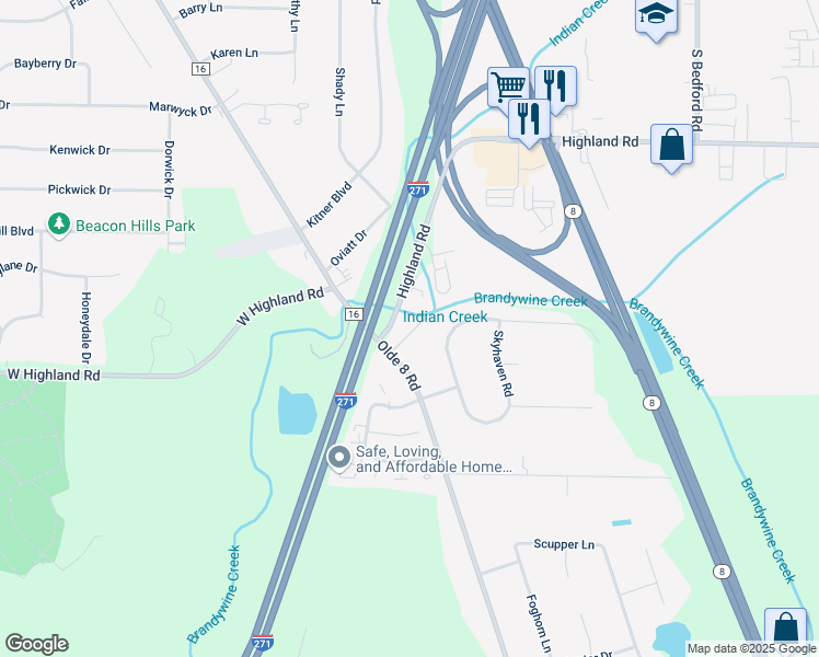map of restaurants, bars, coffee shops, grocery stores, and more near 8429 Olde 8 Road in Northfield