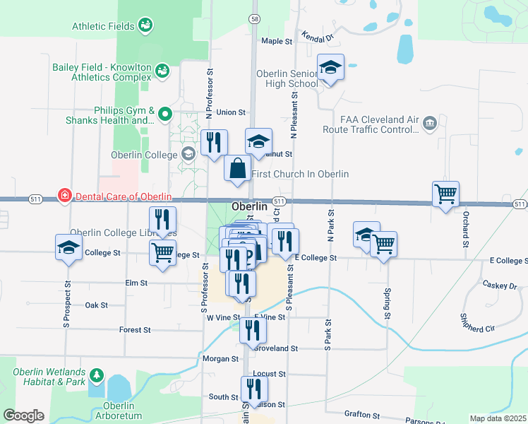 map of restaurants, bars, coffee shops, grocery stores, and more near 87 North Main Street in Oberlin