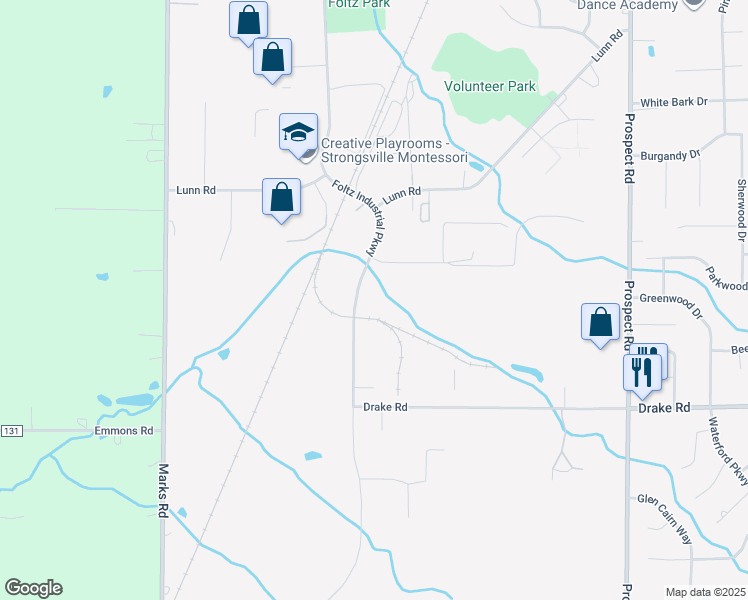 map of restaurants, bars, coffee shops, grocery stores, and more near 16855 Foltz Industrial Parkway in Strongsville
