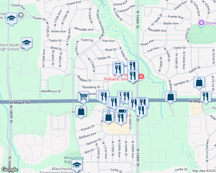 map of restaurants, bars, coffee shops, grocery stores, and more near 3746 North 171st Street in Omaha