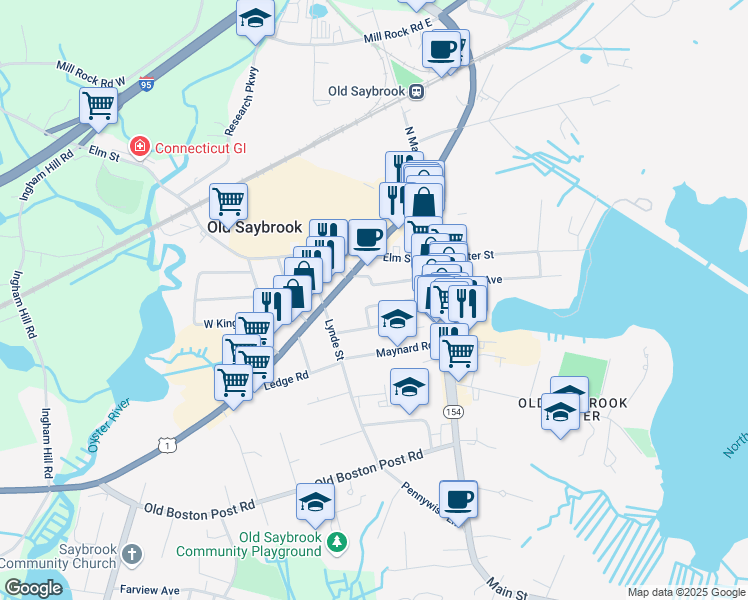 map of restaurants, bars, coffee shops, grocery stores, and more near 45 Elmwood Street in Old Saybrook