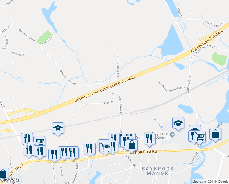 map of restaurants, bars, coffee shops, grocery stores, and more near 10 Lookout Hill Road in Old Saybrook