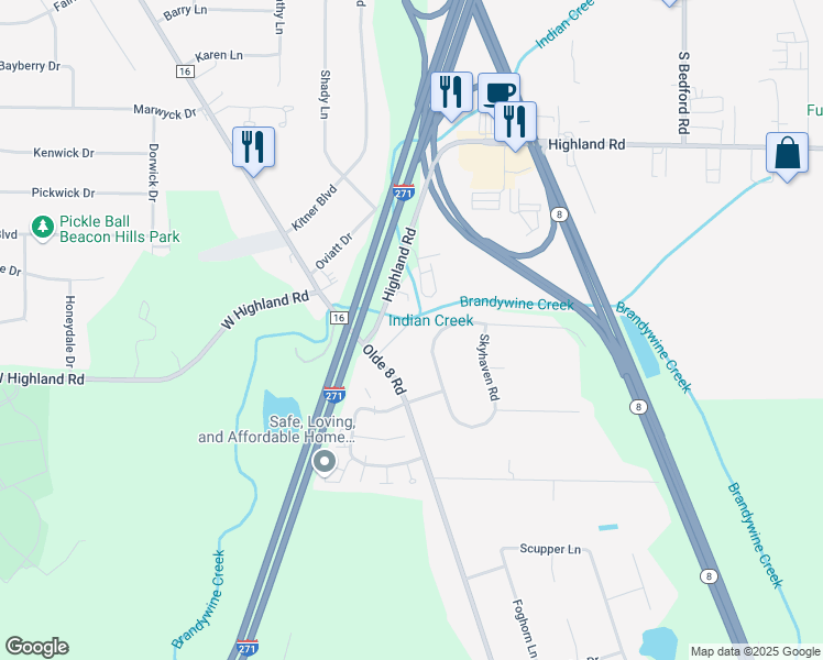 map of restaurants, bars, coffee shops, grocery stores, and more near 7709 Brandywine Creek Drive in Northfield
