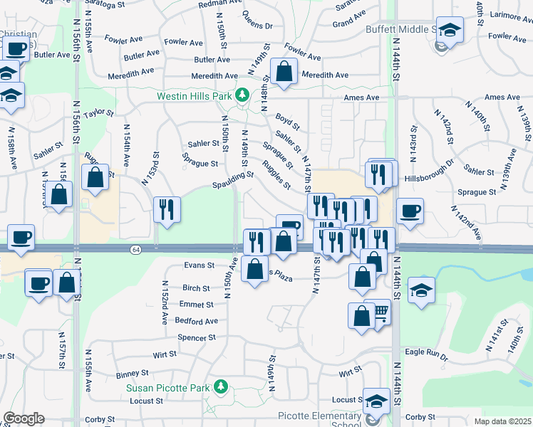 map of restaurants, bars, coffee shops, grocery stores, and more near 14821 Manderson Plaza in Omaha