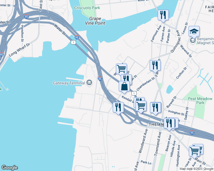 map of restaurants, bars, coffee shops, grocery stores, and more near 131 Stiles Street in New Haven