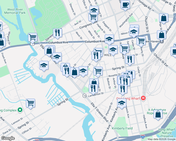 map of restaurants, bars, coffee shops, grocery stores, and more near 82 Truman Street in New Haven