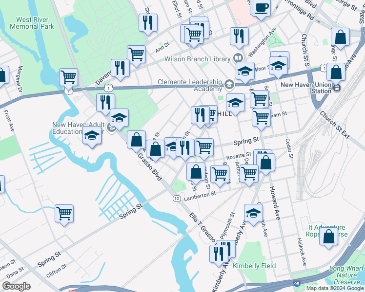 map of restaurants, bars, coffee shops, grocery stores, and more near 82 Truman Street in New Haven