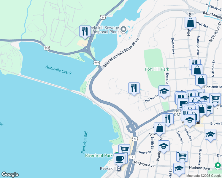 map of restaurants, bars, coffee shops, grocery stores, and more near 206 Chateau Rive in Peekskill