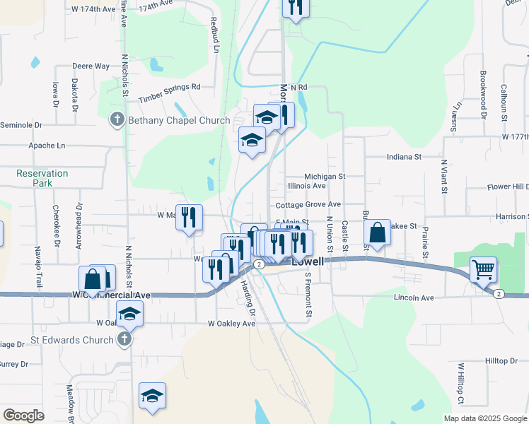 map of restaurants, bars, coffee shops, grocery stores, and more near 303 East Main Street in Lowell