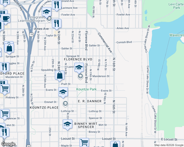 map of restaurants, bars, coffee shops, grocery stores, and more near 3802 North 19th Street in Omaha