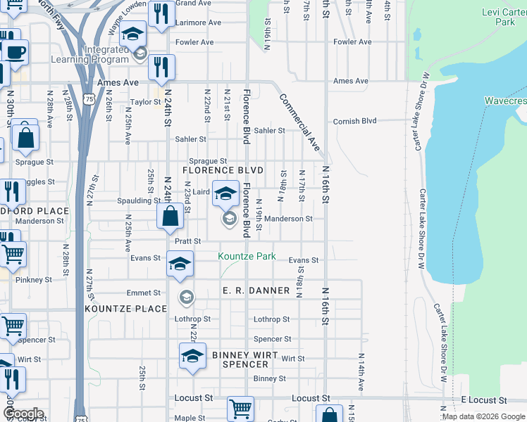 map of restaurants, bars, coffee shops, grocery stores, and more near 3802 North 19th Street in Omaha