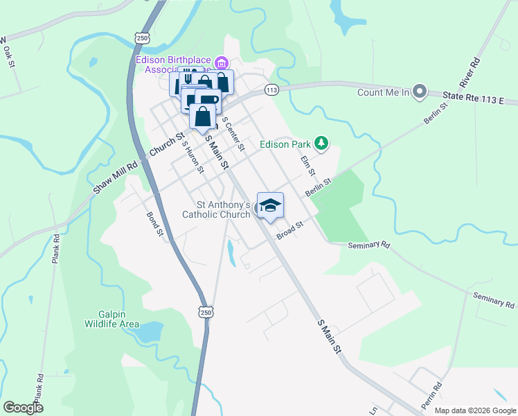 map of restaurants, bars, coffee shops, grocery stores, and more near 145 South Center Street in Milan