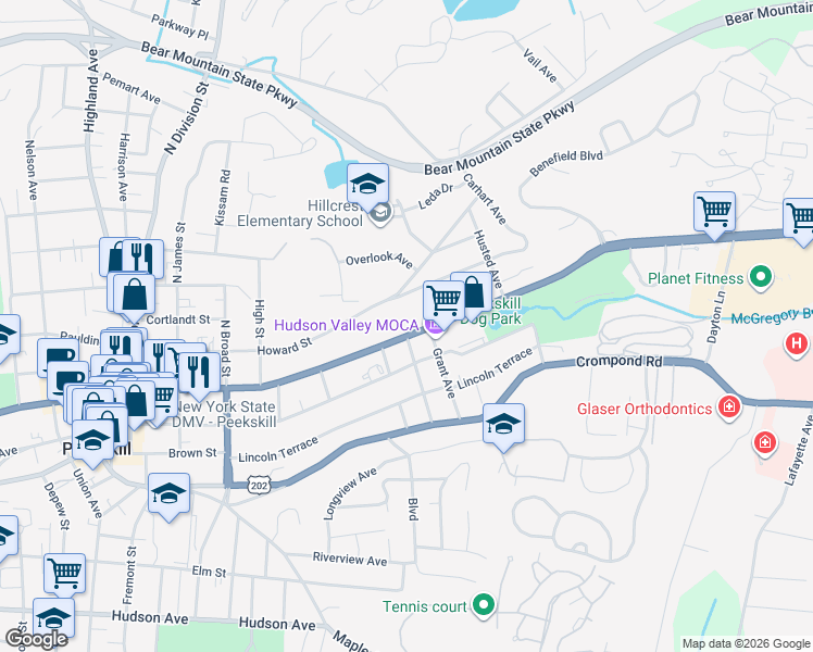 map of restaurants, bars, coffee shops, grocery stores, and more near 1603 Main Street in Peekskill