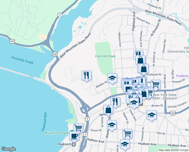 map of restaurants, bars, coffee shops, grocery stores, and more near 600 Fort Hill Road in Peekskill