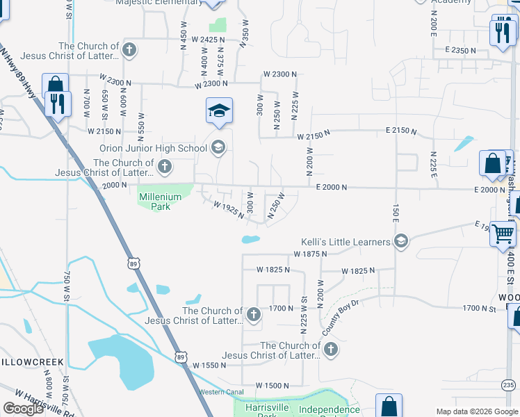 map of restaurants, bars, coffee shops, grocery stores, and more near 1922 North 225 West in Ogden