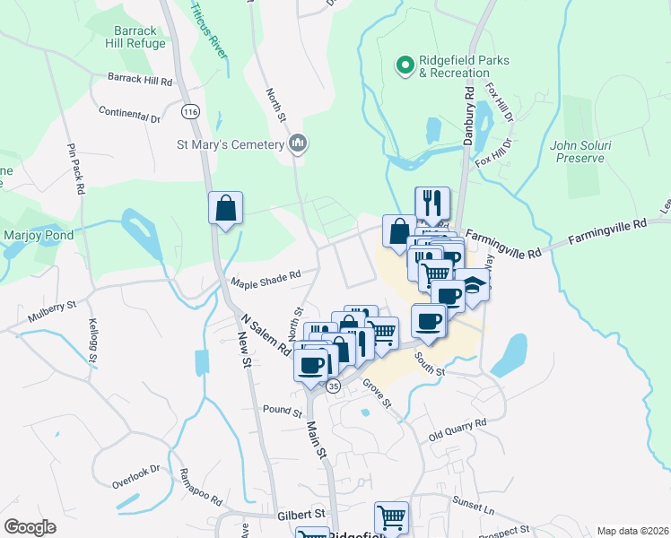 map of restaurants, bars, coffee shops, grocery stores, and more near 14 Rochambeau Avenue in Ridgefield