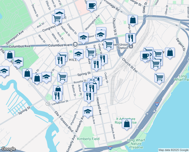 map of restaurants, bars, coffee shops, grocery stores, and more near 451 Howard Avenue in New Haven