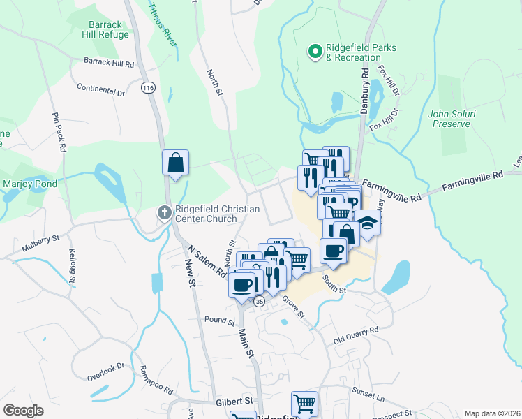 map of restaurants, bars, coffee shops, grocery stores, and more near 8 Rochambeau Avenue in Ridgefield