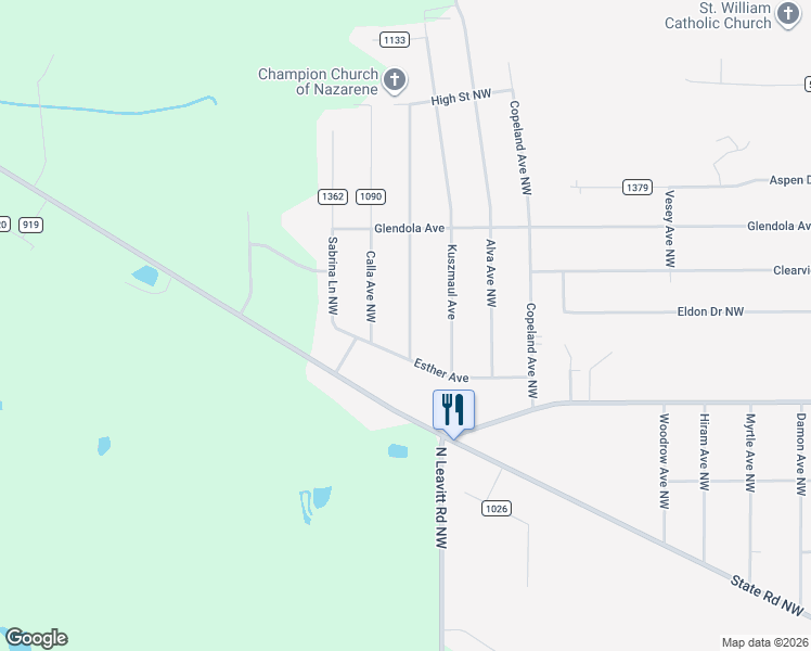 map of restaurants, bars, coffee shops, grocery stores, and more near 5065 Craig Avenue Northwest in Warren