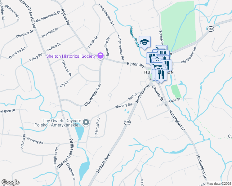 map of restaurants, bars, coffee shops, grocery stores, and more near 28 Centerview Drive in Shelton