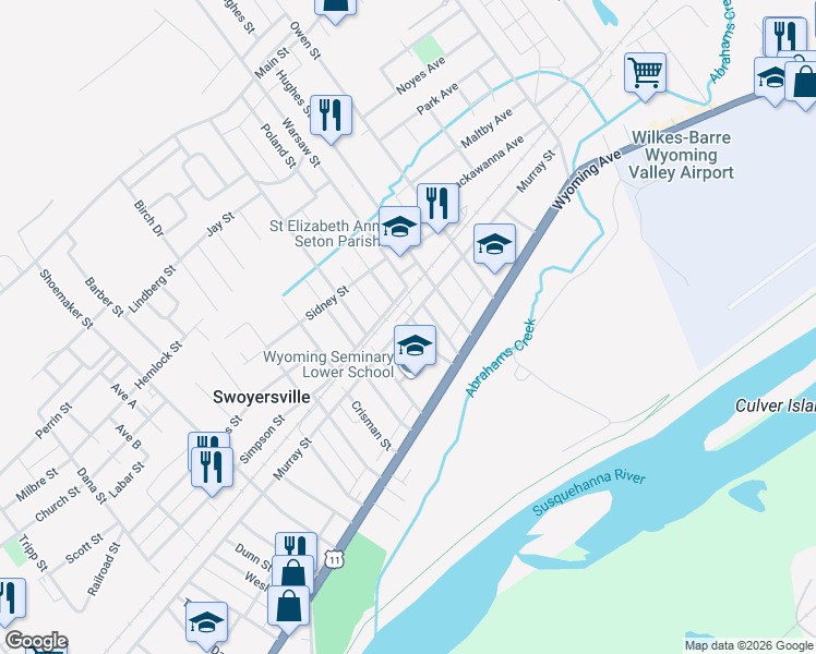 map of restaurants, bars, coffee shops, grocery stores, and more near 60 Arlington Rd in Forty Fort