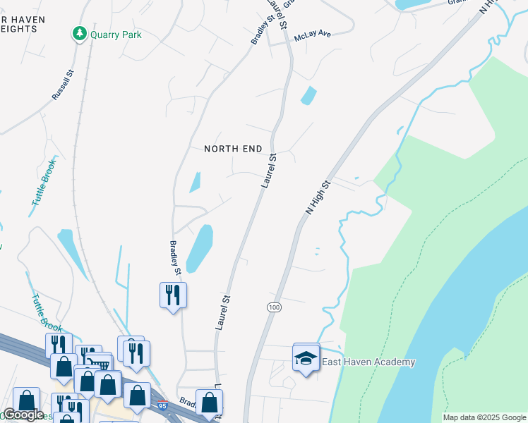 map of restaurants, bars, coffee shops, grocery stores, and more near 297 Laurel Street in East Haven