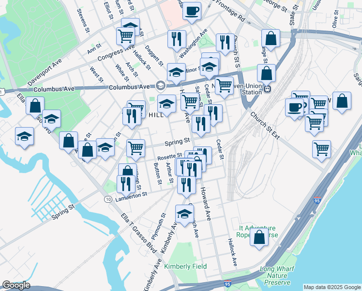 map of restaurants, bars, coffee shops, grocery stores, and more near 91 Rosette Street in New Haven