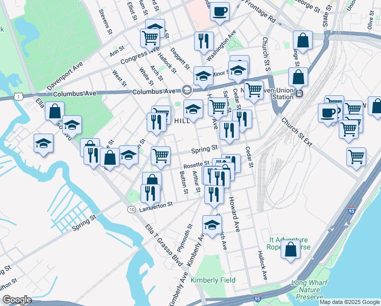 map of restaurants, bars, coffee shops, grocery stores, and more near 160 Spring Street in New Haven