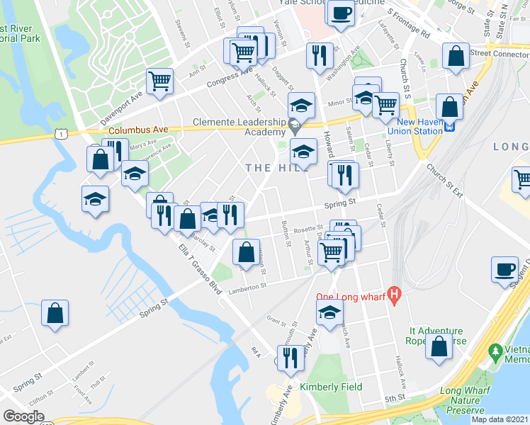 map of restaurants, bars, coffee shops, grocery stores, and more near 200 Spring Street in New Haven