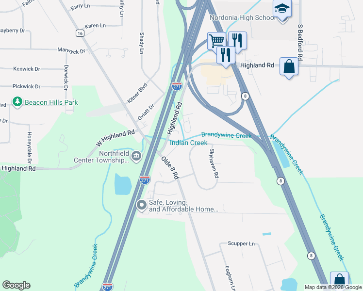 map of restaurants, bars, coffee shops, grocery stores, and more near 120 North Oakmont Road in Northfield