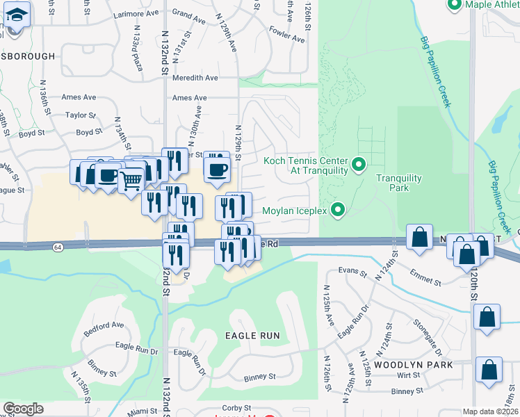 map of restaurants, bars, coffee shops, grocery stores, and more near 12825 Manderson Plaza in Omaha