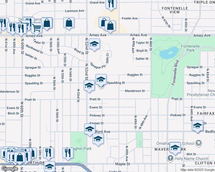 map of restaurants, bars, coffee shops, grocery stores, and more near 3905 North 52nd Street in Omaha