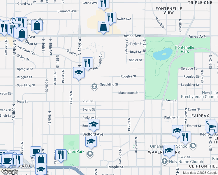 map of restaurants, bars, coffee shops, grocery stores, and more near 3808 North 50th Street in Omaha