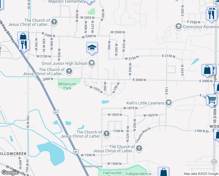 map of restaurants, bars, coffee shops, grocery stores, and more near 1953 North 275 West in Harrisville