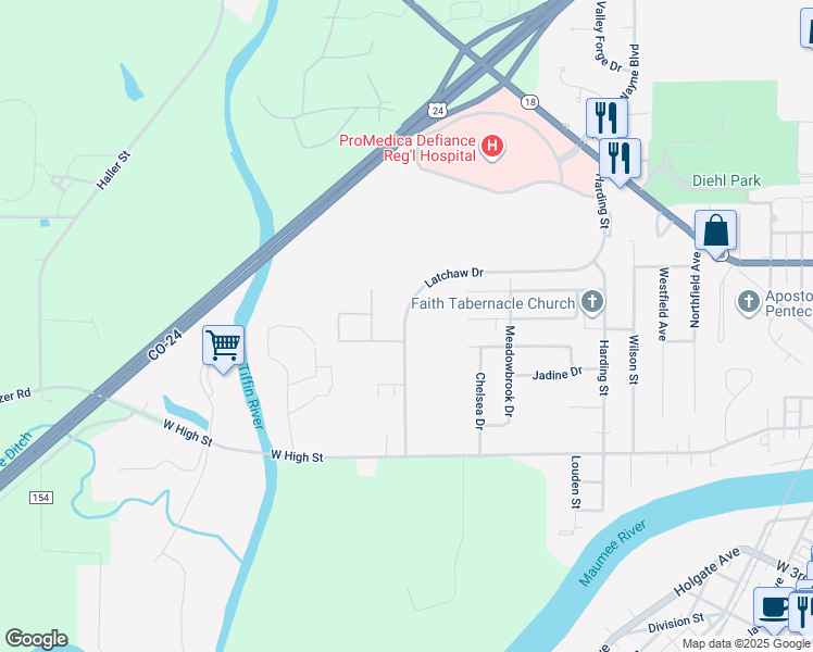 map of restaurants, bars, coffee shops, grocery stores, and more near 309 Latchaw Drive in Defiance