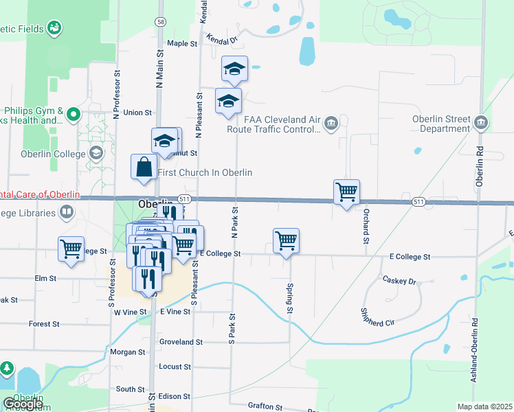 map of restaurants, bars, coffee shops, grocery stores, and more near 171 East Lorain Street in Oberlin