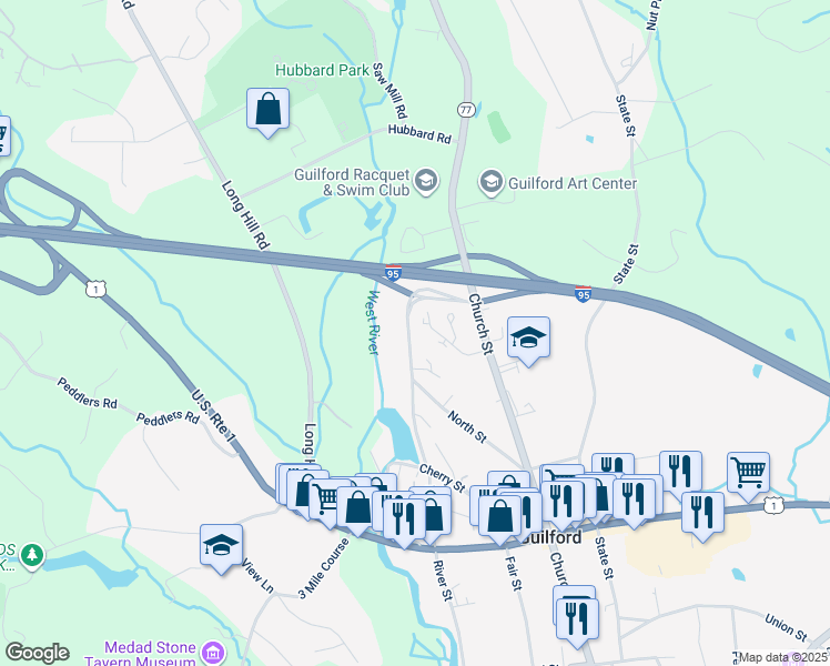 map of restaurants, bars, coffee shops, grocery stores, and more near 439 North River Street in Guilford