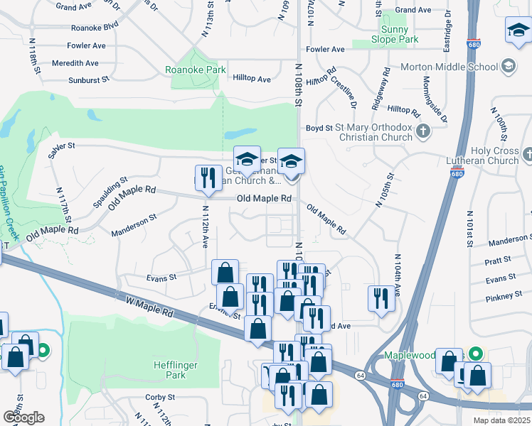 map of restaurants, bars, coffee shops, grocery stores, and more near 3916 North 109th Plaza in Omaha